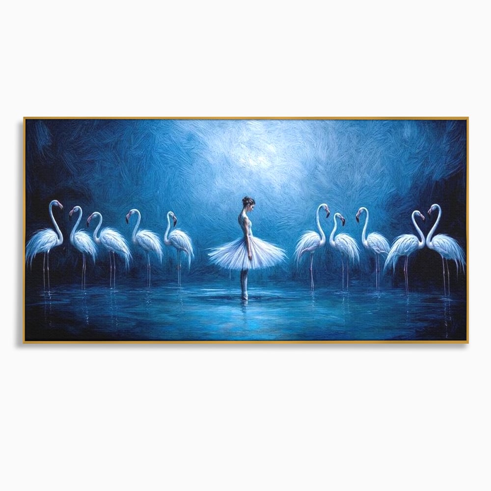 Tablou canvas cu tablou canvas cu balerina si flamingo, in rama de aluminiu auriu
